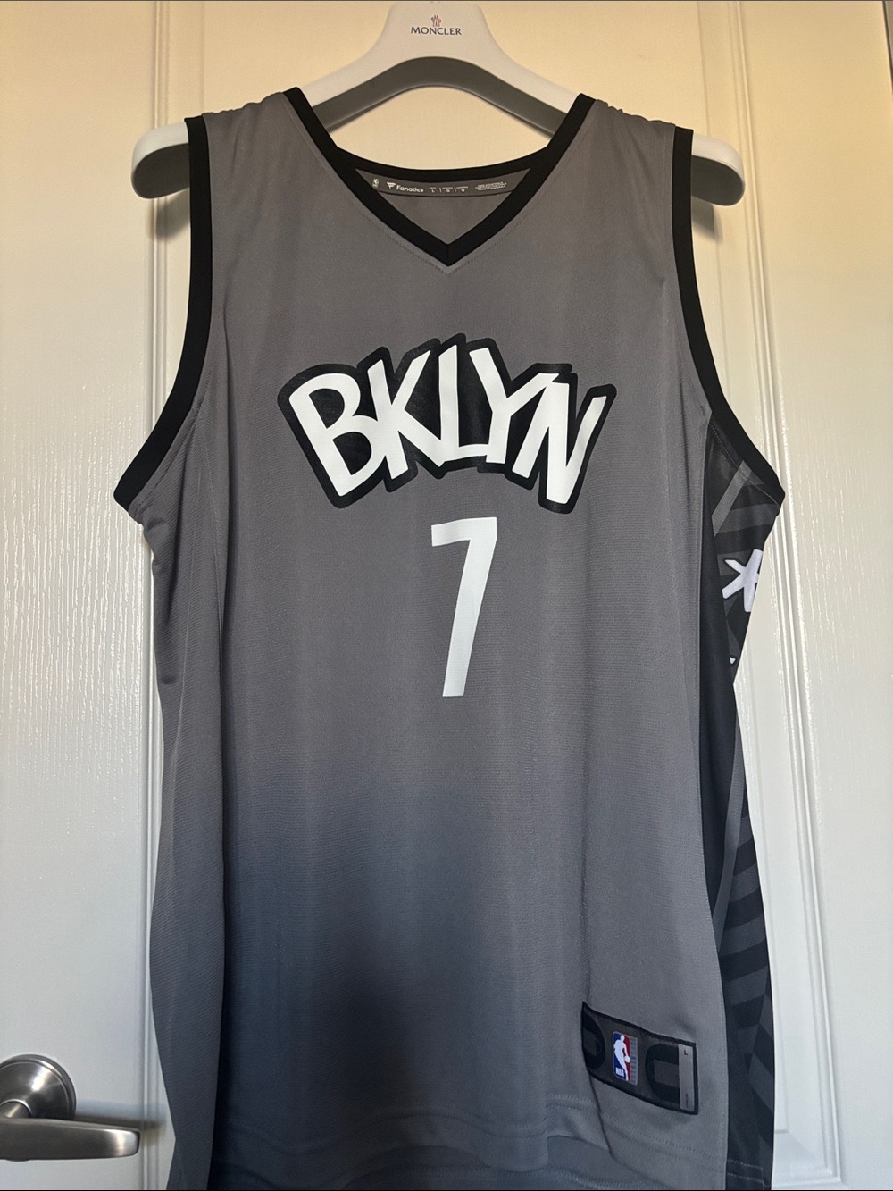 Fanatics BKLYN Grey and Black Basketball Jersey with White Number 7
